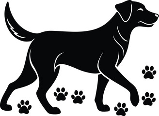 Black silhouette of walking dog with paw prints trail