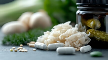 Fresh fermented foods and probiotic supplements arranged on gray surface with pickled cucumbers, sauerkraut, pills and raw eggs in soft natural light.