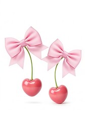 Romantic pink heart cherries with bows on white background