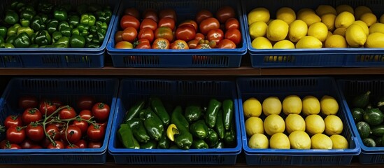 A colorful display of fresh vegetables and fruits in blue containers on wooden shelves showcasing produce variety