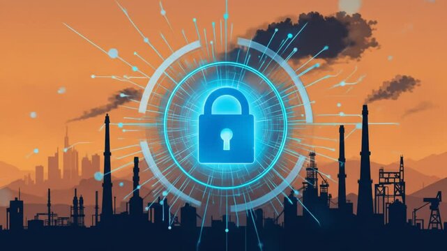 Strong cybersecurity, protecting industrial data from unauthorized access. Lock icon, factory silhouette in cityscape. Digital security, data privacy, network protection. 4k video