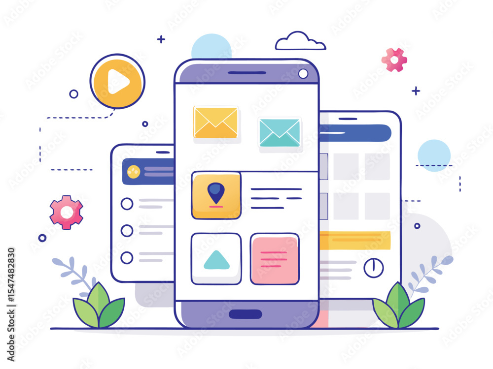 Aufkleber illustration mobile wireframe idea with minimalist design. showcasing various ui elements