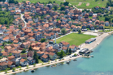 The cozy town of Divic on the bank of the Drina River, surrounded by the Balkan Mountains. Bosnia and Herzegovina