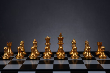 The set of golden chess pieces element, king, queen rook, bishop, knight, pawn standing on...