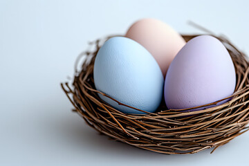 Pastel colored eggs in natural brown twig nest against white background. Soft focus macro photography highlights delicate textures and spring holiday themes.
