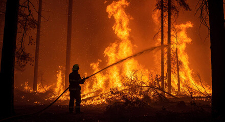 Firefighter battling massive forest wildfire with intense flames at night