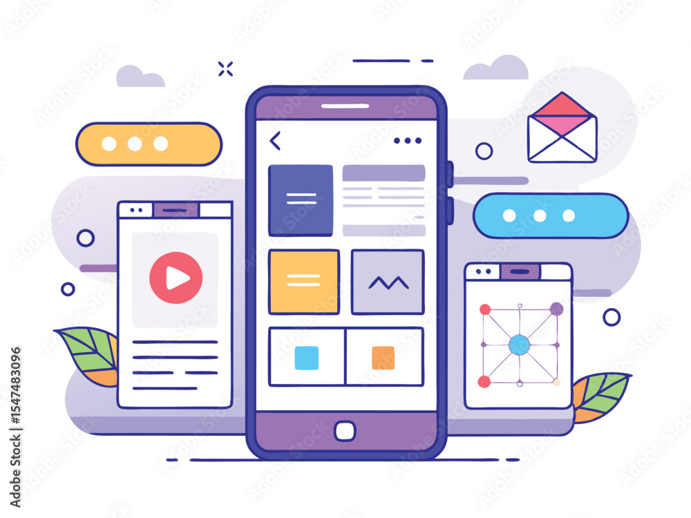 Poster illustration mobile wireframe idea with minimalist design. showcasing various ui elements