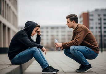 Young man comforts distressed friend with water bottle outdoors