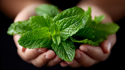 Fresh green mint leaves held gently in cupped hands against dark background, showcasing natural herb texture and vibrant color for culinary and wellness concepts.
