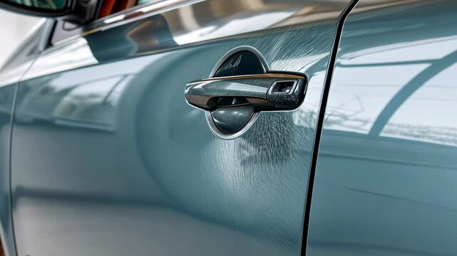 Car dent repair in progress: detailed sequence of auto body restoration