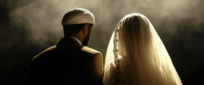 Newlywed couple standing in front of big moon. Nikah. Muslim wedding, bride in hijab and groom. Islamic wedding concept.