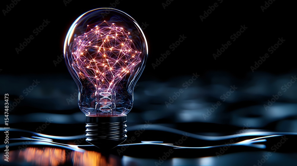 Aufkleber glowing light bulb with pink neural network pattern inside on dark water surface, symbolizing innova