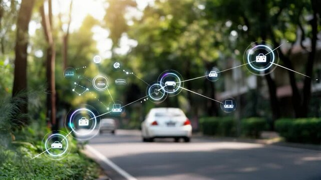 Connected car technology digital network overlay on road surrounded by green trees representing smart transportation and futuristic innovation