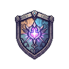 Obraz premium Pixel art magical shield with mystic gem and radiant glow transparent PNG