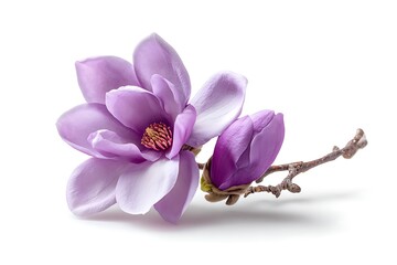 Naklejka premium Elegant Purple Magnolia Flower Blossom with Bud and Branch Isolated on White