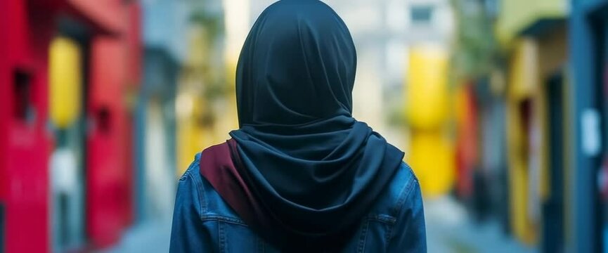 A woman in a black veil stands in a forest. The image has a mysterious and eerie mood, as the woman's face is obscured by the veil, leaving only her eyes visible. Muslim woman in hijab. Mannequin in d
