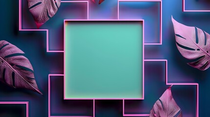 Pink monstera leaves frame glowing neon square on dark background with geometric shapes and vibrant turquoise center, creating modern tropical aesthetic.