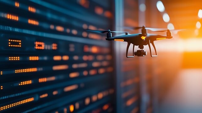 Modern drone flying near server racks in data center with orange sunset lighting effect, showcasing technology and surveillance capabilities in corporate environment. - Powered by Adobe