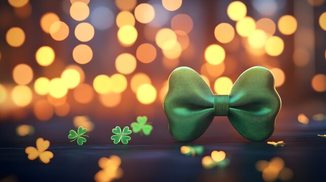 Green Bow and Shamrocks on Dark Background with Bokeh Lights, clover, st patrick's day, ireland, irish, holiday