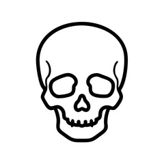 Minimalist black outline vector icon of a human skull, symbolizing anatomy, gothic art, medical study, death, and Halloween decor. Isolated on a transparent background