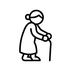 Obraz premium Minimalist black outline vector icon of an elderly woman with a cane, symbolizing senior age, aging, and mobility support. Isolated on a transparent background