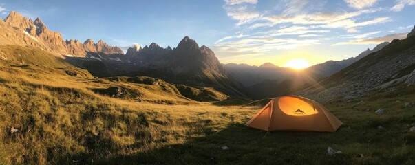 Camping Adventure, A Tent in the Rugged Mountain Valley at Sunrise