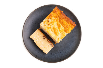 Сottage cheese Сasserole, Curd cake, with dried apricots and raisins Isolated on white, top view, close up