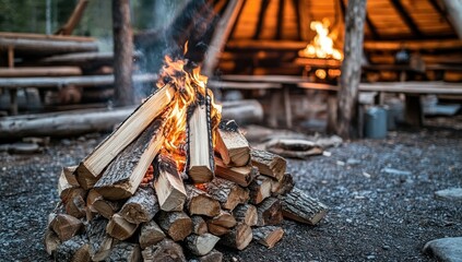 Inviting campfire scene in the evening, illuminating wooden cabin interior