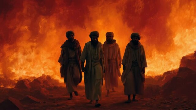 Fiery confrontation, four figures stand amidst flames, evoking biblical themes of judgment and trial, with dramatic lighting and intense atmosphere.