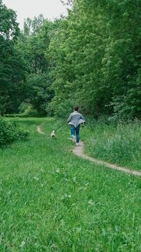 young man in plaid shirt playing training petting hugging and kissing his dog during summer park walk happy loving companionship concept lifestyle	