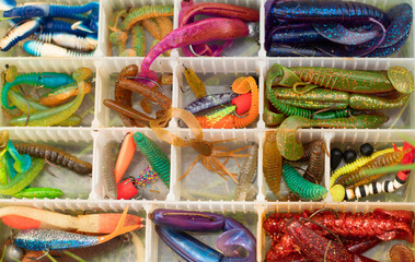 male hand With multi-colored silicone wobblers. Plugs popular type hard-bodied fishing lure. Preparation selection fishing lures. Predator catch concept. picking lures silicone baits from organizer 