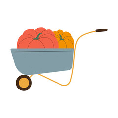Isolated flat vector illustration of garden barrow with two pumpkins on white background. Cottagecore lifestyle. Texture effect