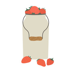 Isolated flat vector illustration of milk can of strawberries on white background. Cottagecore lifestyle. Healthy food