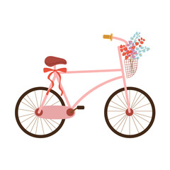 Isolated flat vector illustration of pink bicycle with wildflowers bouquet and red bow on white background. Rural lifestyle.