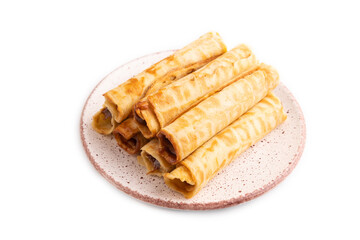Waffles with caramel isolated on white, side view, close up