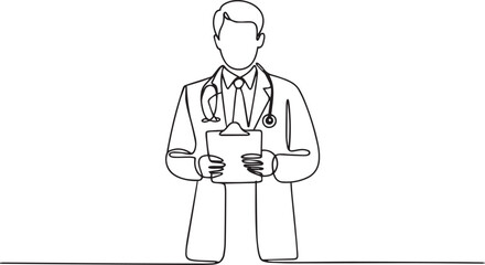 Continuous single line drawing of medical doctor holding clipboard with stethoscope, minimalist vector illustration in line art style


