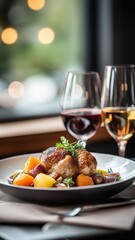Coq au vin paired with a refreshing glass of fruit juice, contrasting the rich, savory flavors with a sweet beverage.