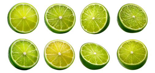 Fresh Lime Slices Arranged in a Grid Pattern on White Background, Isolated on Transparent, white background