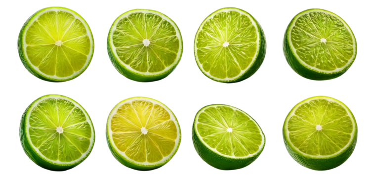 Fresh Lime Slices Arranged in a Grid Pattern on White Background, Isolated on Transparent, white background