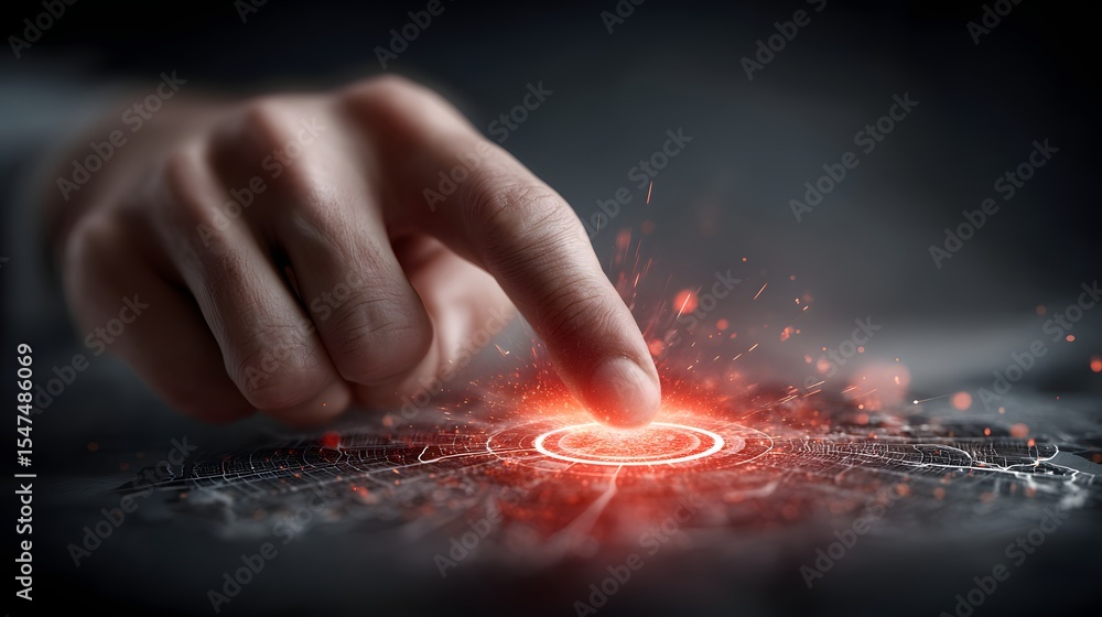 Aufkleber a human hand touching a glowing dynamic digital interface representing the power and potential of ad