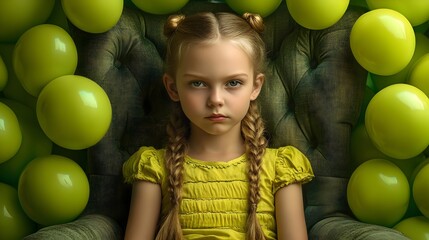Portrait of a Girl Surrounded by Green Balloons, child, party, celebration, happy, childhood