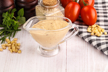 Delicious walnut creamy sauce in the bowl