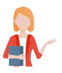 Modern woman with long bob blonde hair. Has notebook or inventory pad. Wears shirt with a casual jacket, showing approachability. Her look depicts business operations worker, librarian, or student.