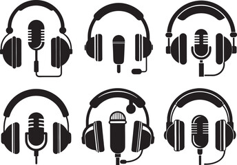 set of headphone with microphone silhouette, black and white silhouette, vector and illustration