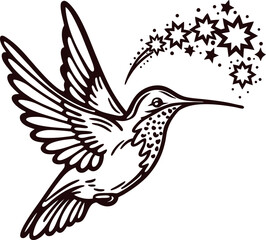 Fototapeta premium Hummingbird with spread wings and magical starburst illustration in hand drawn black ink
