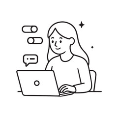 Female character using laptop for communication in modern tech style