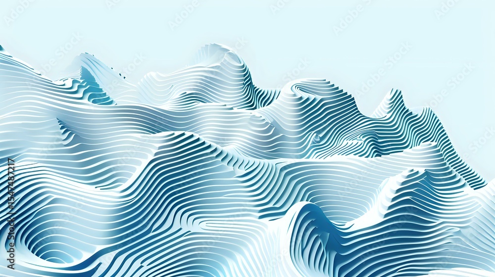 Poster abstract wavy lines creating dynamic topographic terrain pattern in light blue and white gradient, f