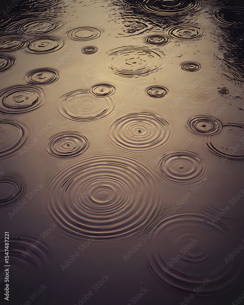 Poster raindrops creating concentric ripples on dark water surface with moody atmospheric lighting, natural