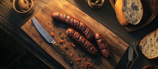 Rustic Grilled Sausages with Bread and Pickles on a Wooden Board