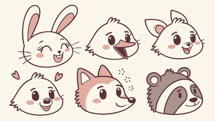 Cute cartoon animal faces set. Vector illustration of happy friendly animal heads. Adorable characters for kids and avatars.
